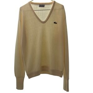 Izod Lacoste V-Neck Sweater XL Cream Vintage Orlon Acrylic Crocodile Logo Mens